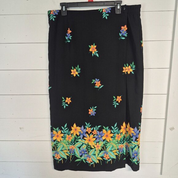 Sag Harbor Womens Floral Print Black Midi Skirt Size 18 Polyester Elastic Waist - Picture 1 of 6